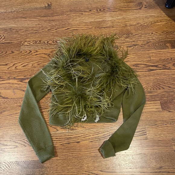 Betsey Johnson Sweaters - Vintage Betsy Johnson Cardigan with Marabou Feathers and a  Rhinestone Snap